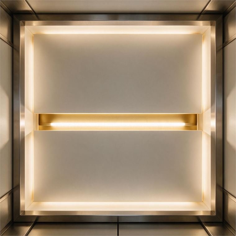 A backlit cabin ceiling in brushed bronze and frosted glass