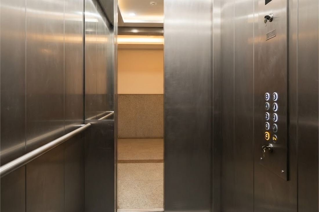 A hairline stainless steel lift cabin interior