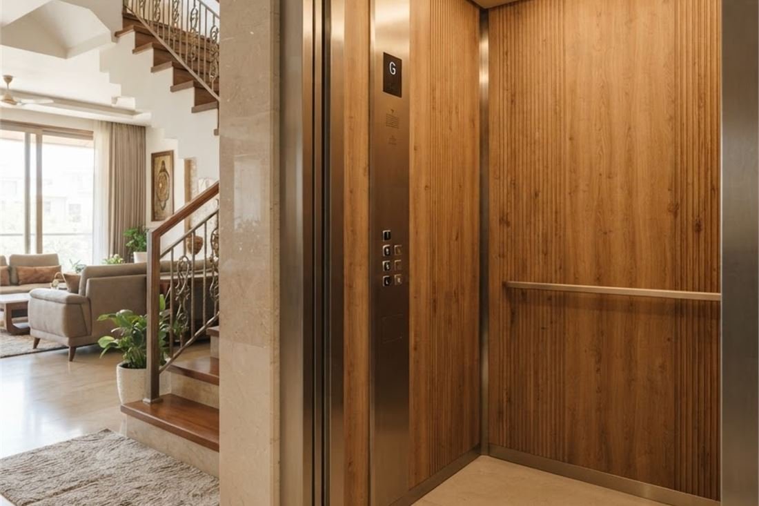 A lift cabin panelled in warm wood laminate