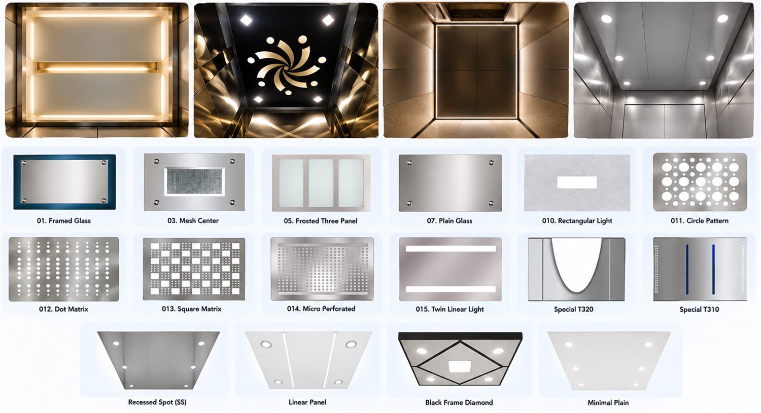 Ceiling option sheet showing four finished cabin ceilings above fourteen named ceiling panels including framed glass, mesh centre, frosted three panel, dot matrix, square matrix, micro perforated and twin linear light