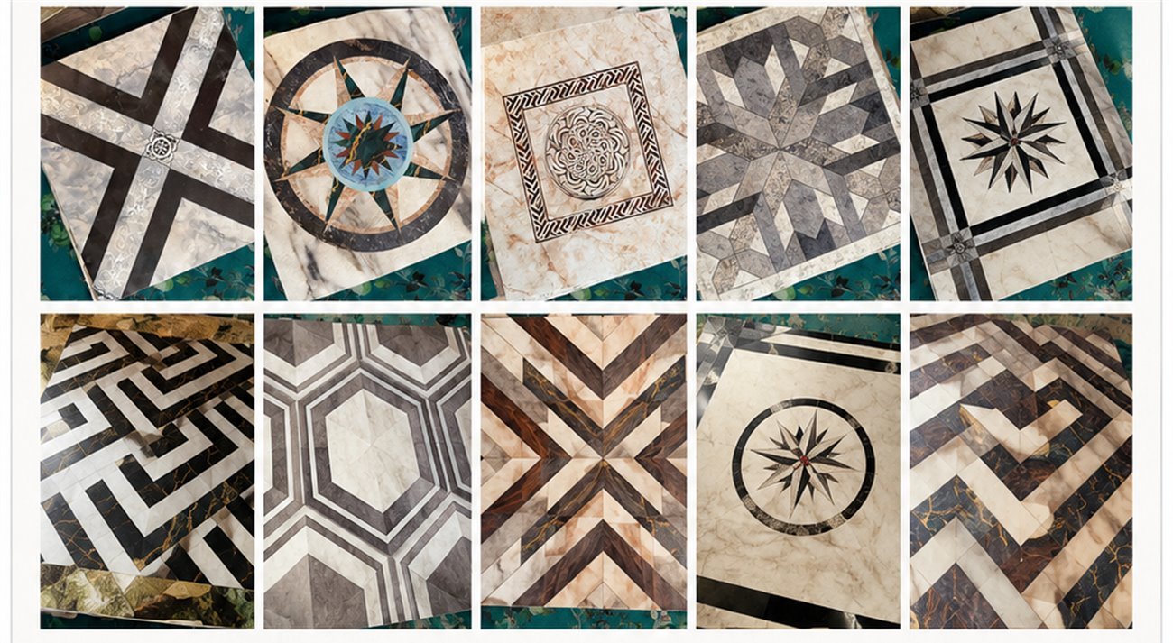 Ten marble and granite inlay floor patterns, including compass roses, chevrons, hexagon tiling and geometric borders