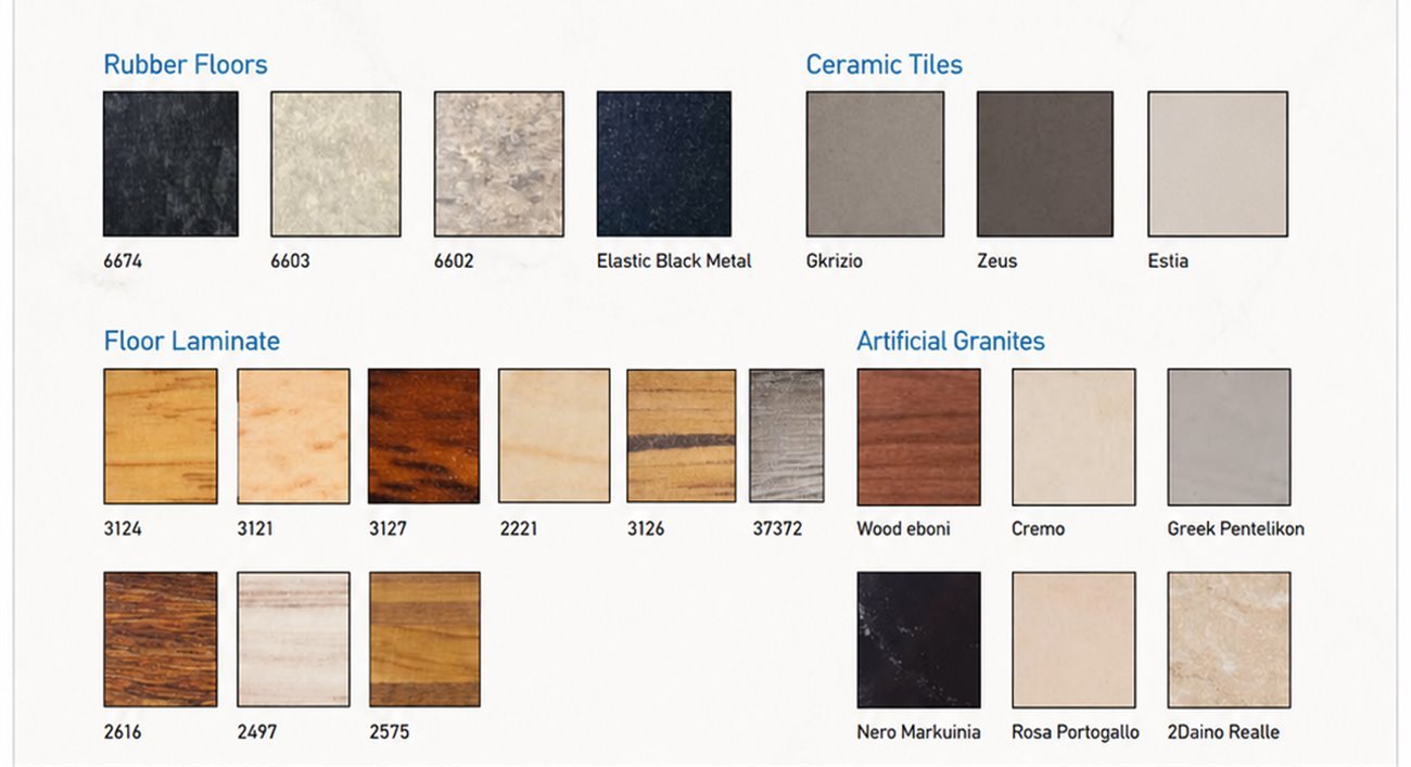 Floor swatch sheet with labelled samples grouped into rubber floors, ceramic tiles, floor laminates and artificial granites