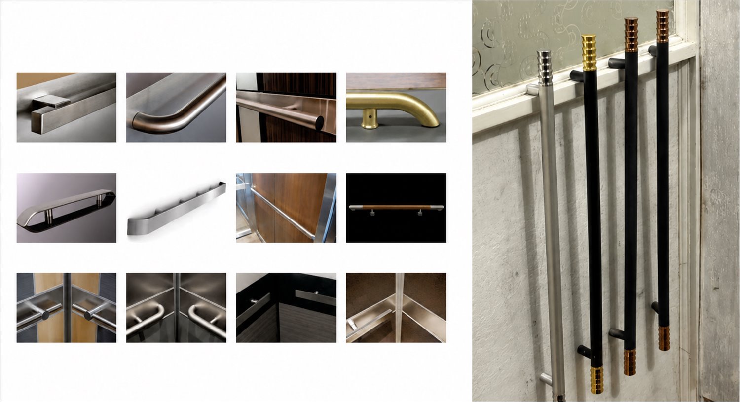 Handrail option sheet showing twelve handrail profiles in steel, brass, copper and wood, with four full-length rails alongside