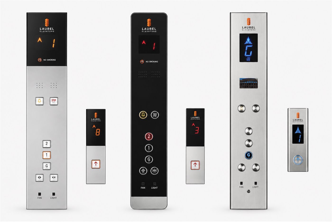 Three Laurel car operating panels and three landing panels in black glass and brushed stainless steel, each showing the floor display and button layout