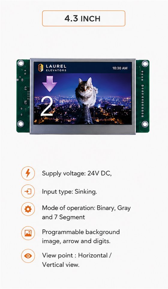 The 4.3 inch in-car TFT display board, showing a programmable background image with the floor number and a direction arrow, above its specification list