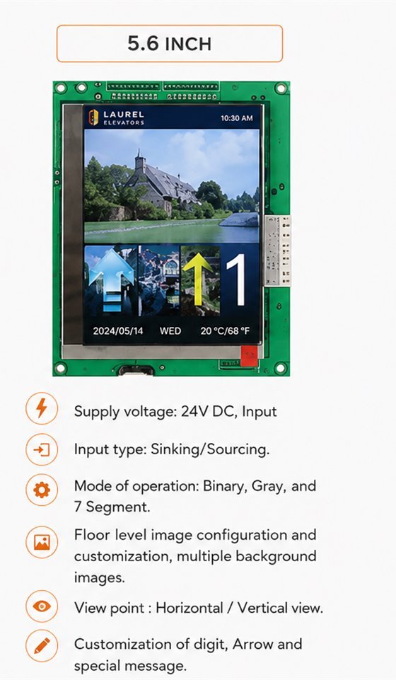 The 5.6 inch in-car TFT display board, showing a per-floor image configuration with the date, day and temperature, above its specification list