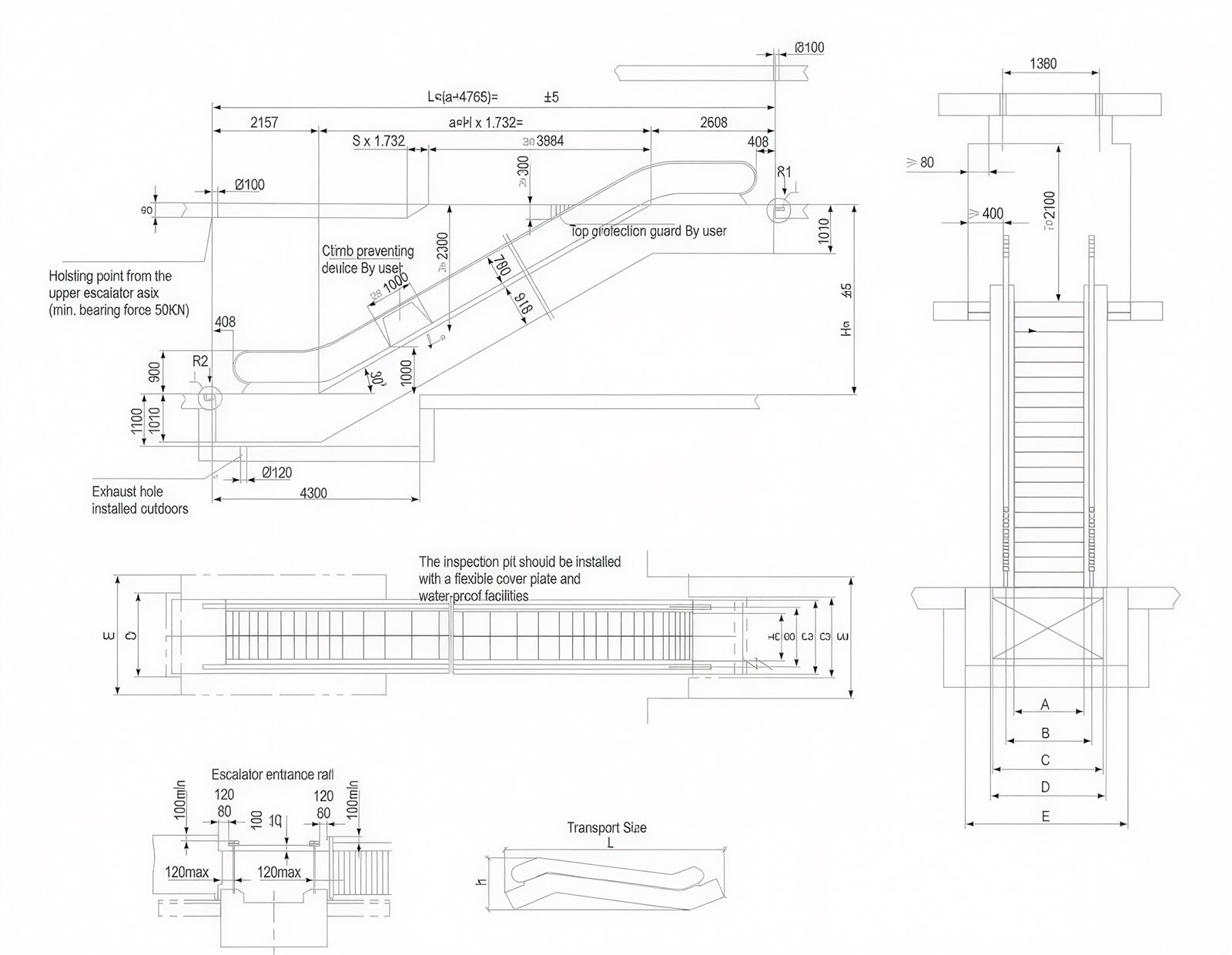 General arrangement drawing for a 30 degree escalator: elevation showing the 30 degree incline, the upper and lower truss support points, the 1010 mm and 900 mm landing depths, the exhaust hole and the inspection pit, with a plan view marking widths A to E and the transport size