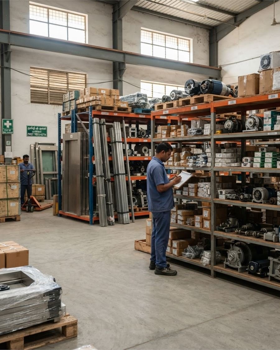 The Laurel spares warehouse, with lift motors and components on racking