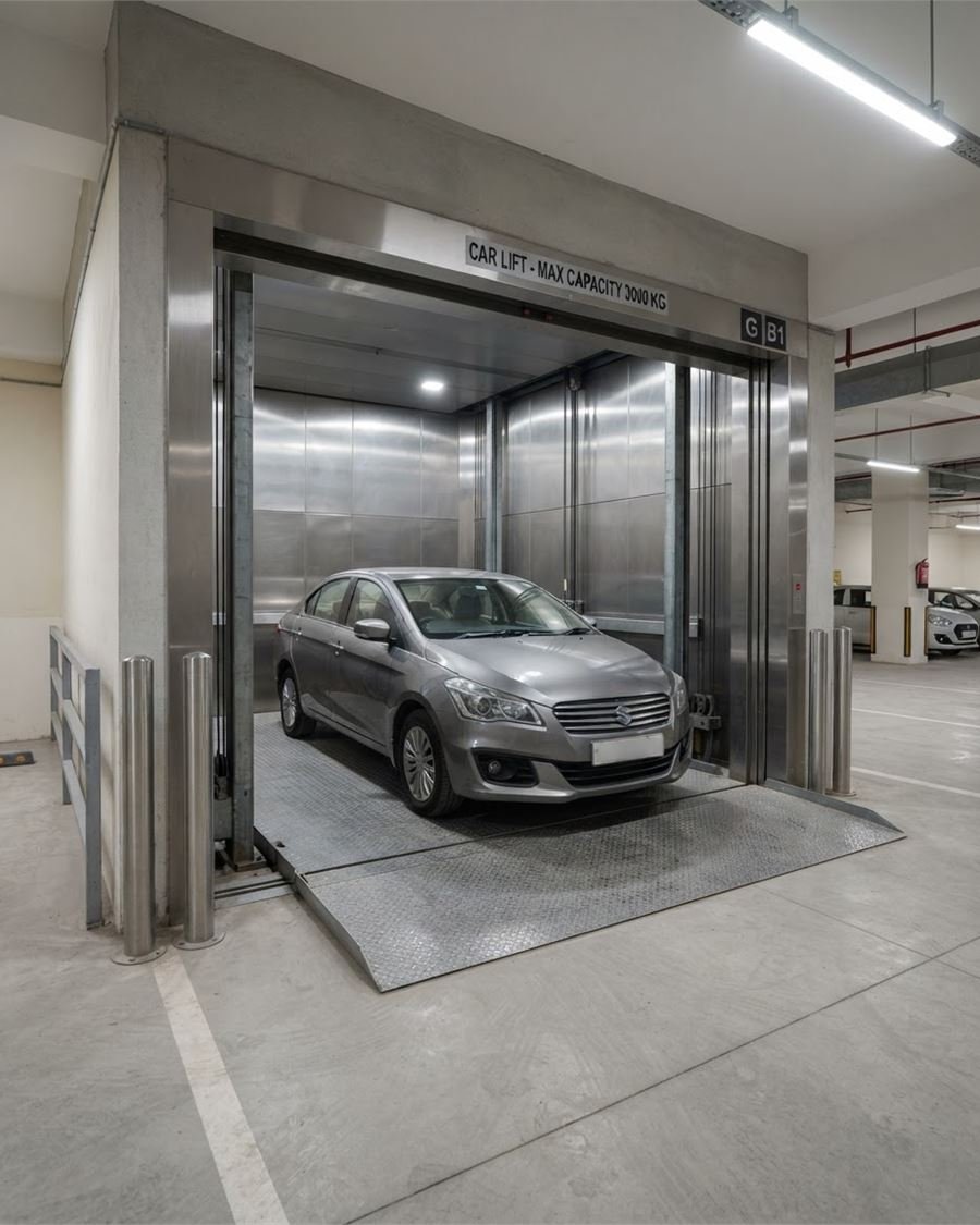 A car parked on the platform of a car elevator in a basement