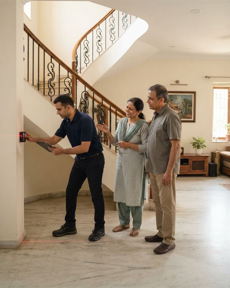 A Laurel engineer talking a homeowner through a lift drawing at home
