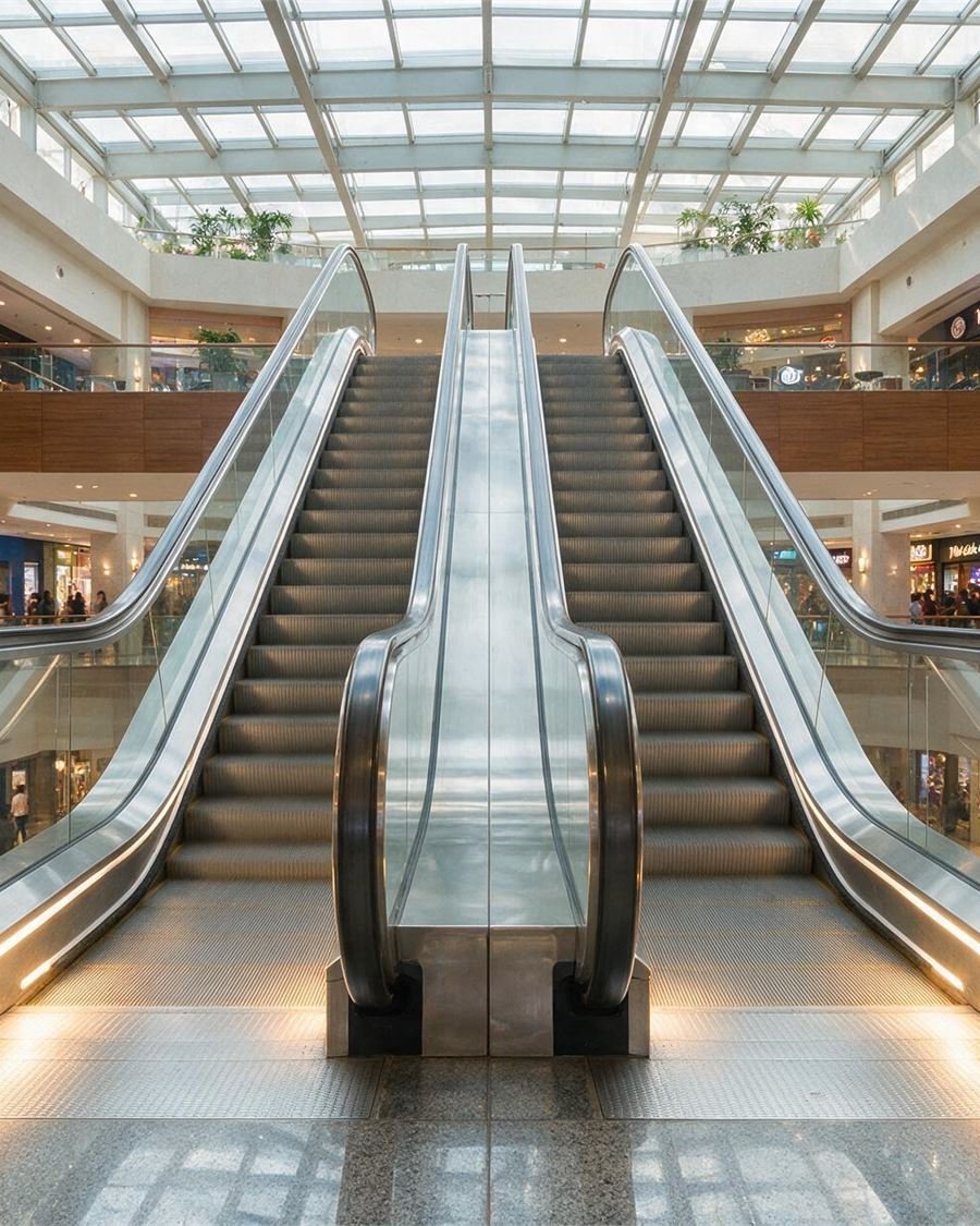 A pair of escalators running up and down through a bright shopping centre atrium