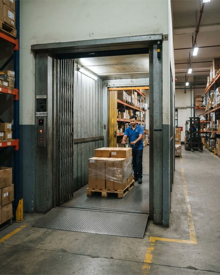 A goods lift in a warehouse with a pallet trolley being wheeled in
