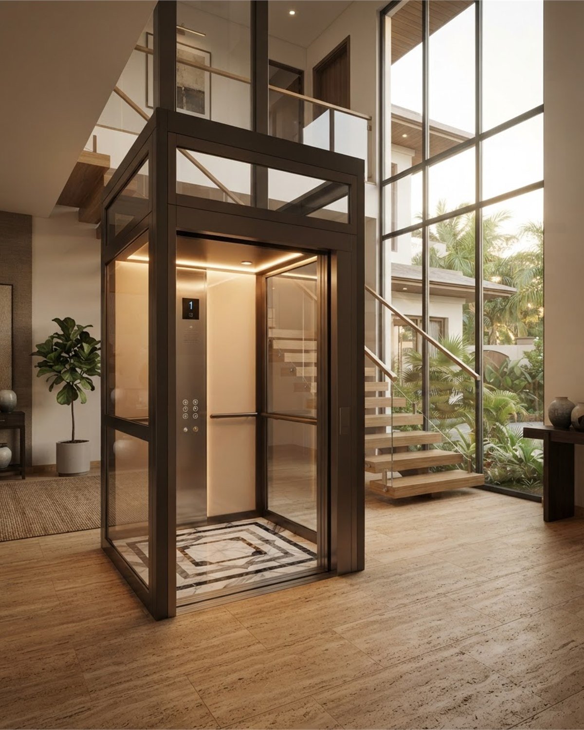 A square glass and bronze home elevator standing in a double-height villa foyer, doors open on a marble inlay cabin floor