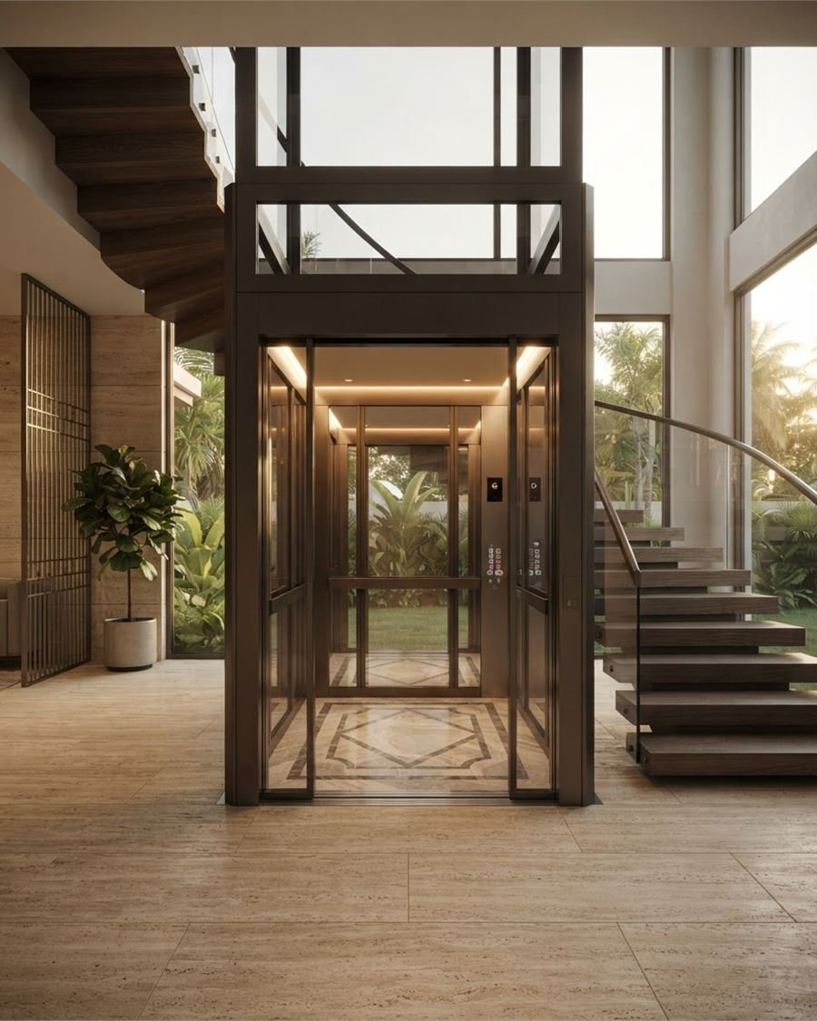 A bronze and glass home lift standing beside a staircase in a villa foyer