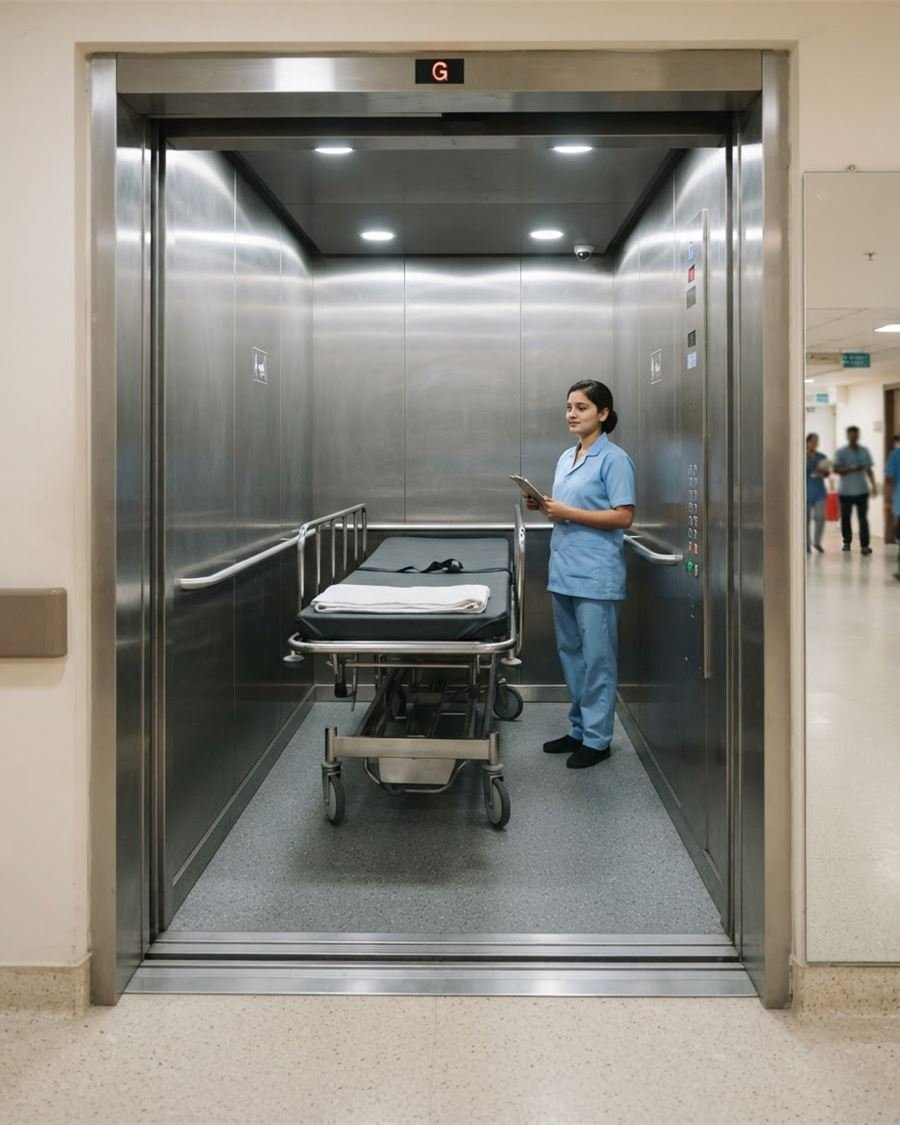 A nurse wheeling a stretcher trolley into a deep stainless steel hospital lift