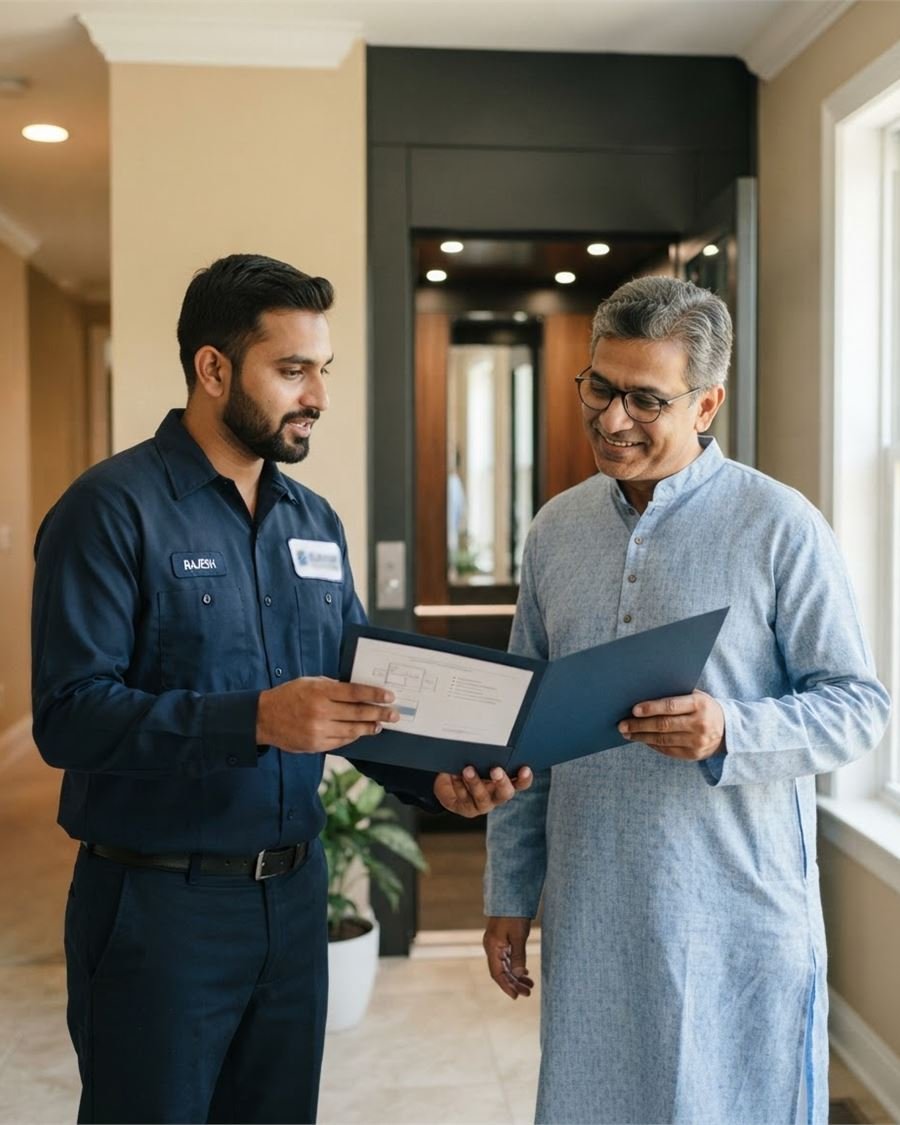 A Laurel engineer handing over the lift documents to the owners at handover