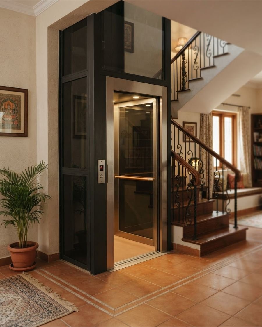 A dark framed hydraulic home lift fitted beside a staircase on a tiled floor