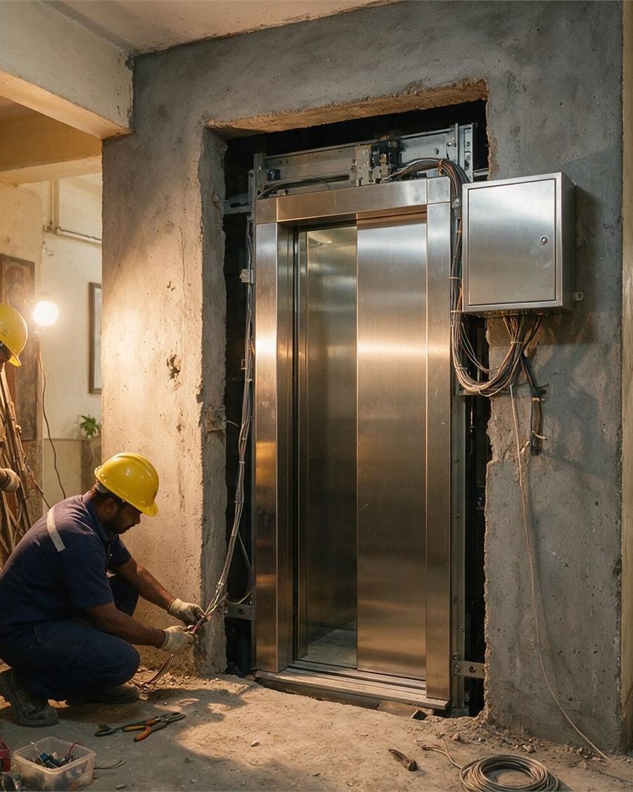 Two technicians fitting a new stainless landing door into an existing lift shaft