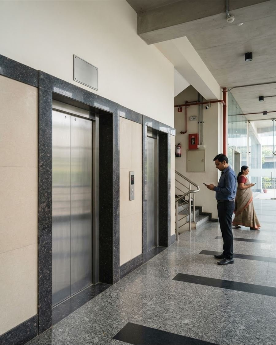 Two passenger lifts in a granite-clad office lobby with people waiting