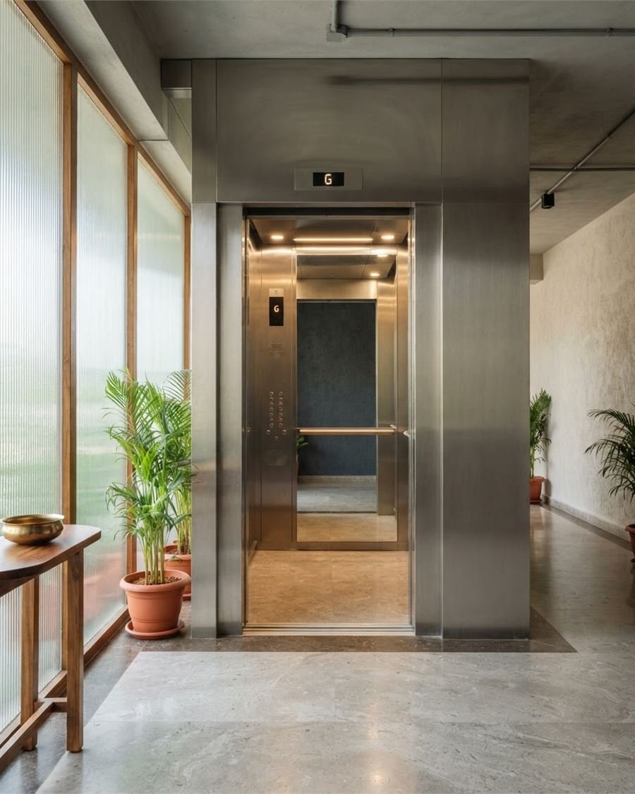 A lift landing door in a finished apartment building