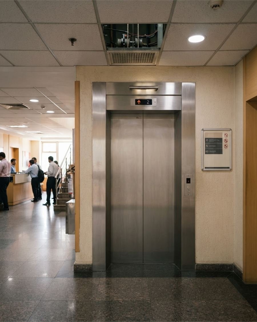 A lift lobby in an Indian office building with two stainless steel landing doors