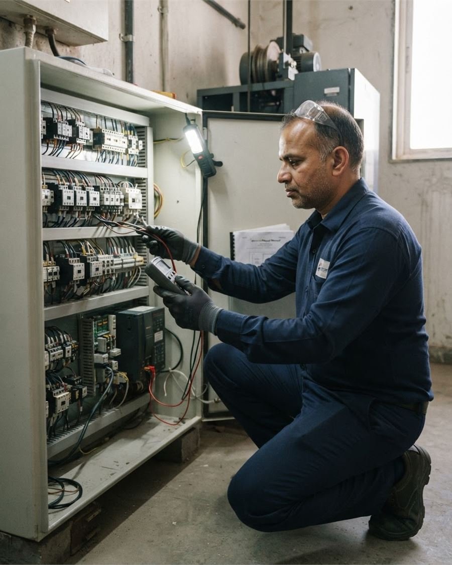 A service technician testing a lift controller during a maintenance visit