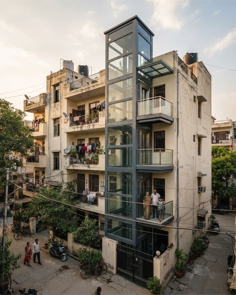 A steel and glass structure lift erected against the outside of an older apartment block