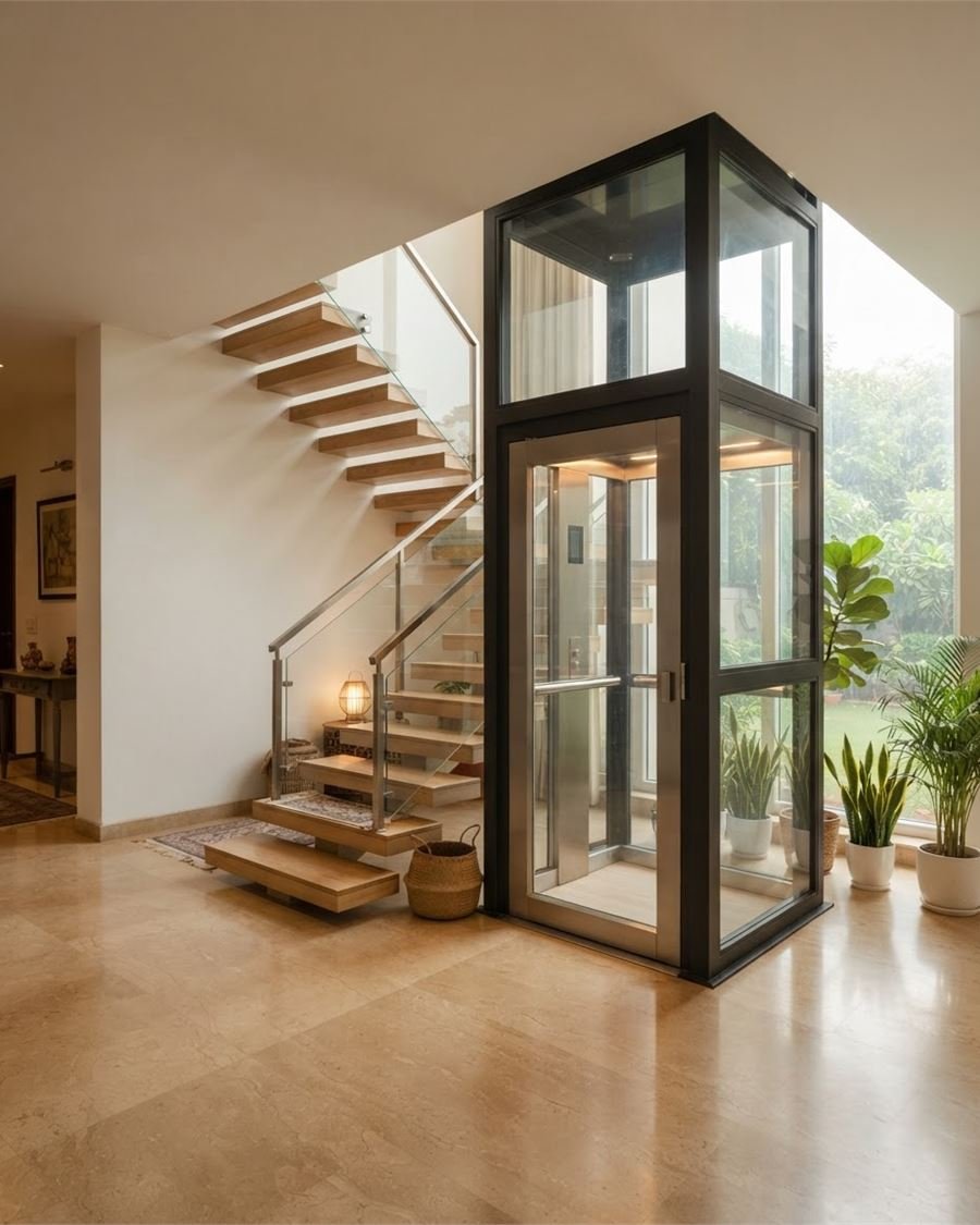 Glass home lift in a double height living room