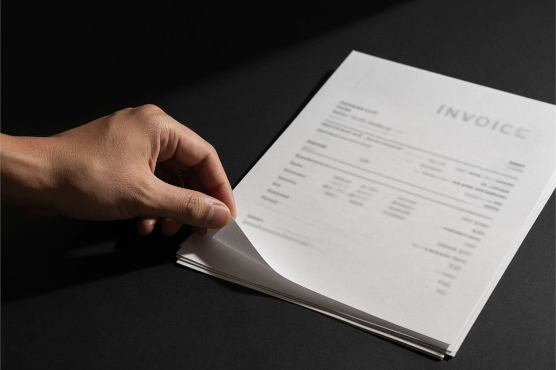 A hand lifting the top sheet of a lift invoice to read the page underneath