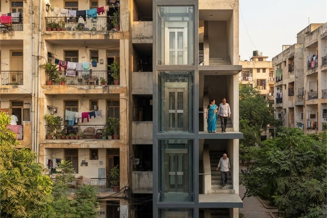 Glass and steel structure lift built against the outside wall of a four storey apartment block, with a family visible inside the car