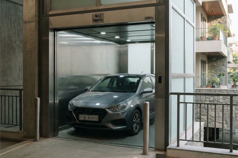 Car elevator with a sedan inside