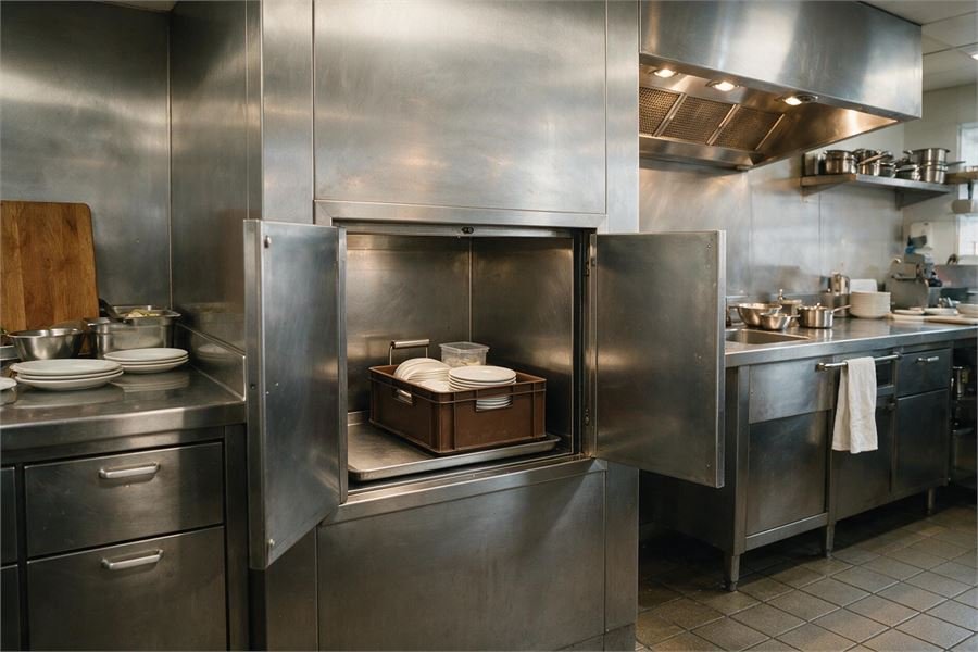 A stainless steel dumbwaiter service lift set into a commercial kitchen wall