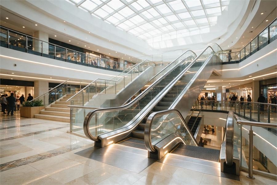 A pair of escalators running up and down in a shopping centre