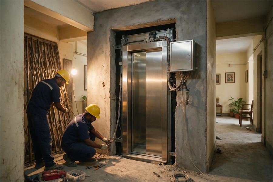 Technician working on a lift controller during a modernisation