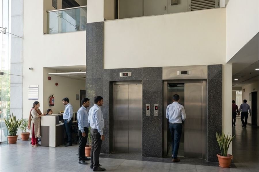 Passenger elevator in a lobby